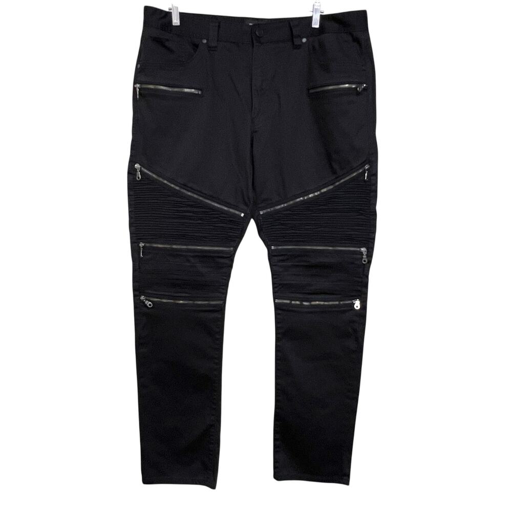 Makobi Moto Jeans Mens 42x33 (40x32) Black Zipper Pants Cotton Satin